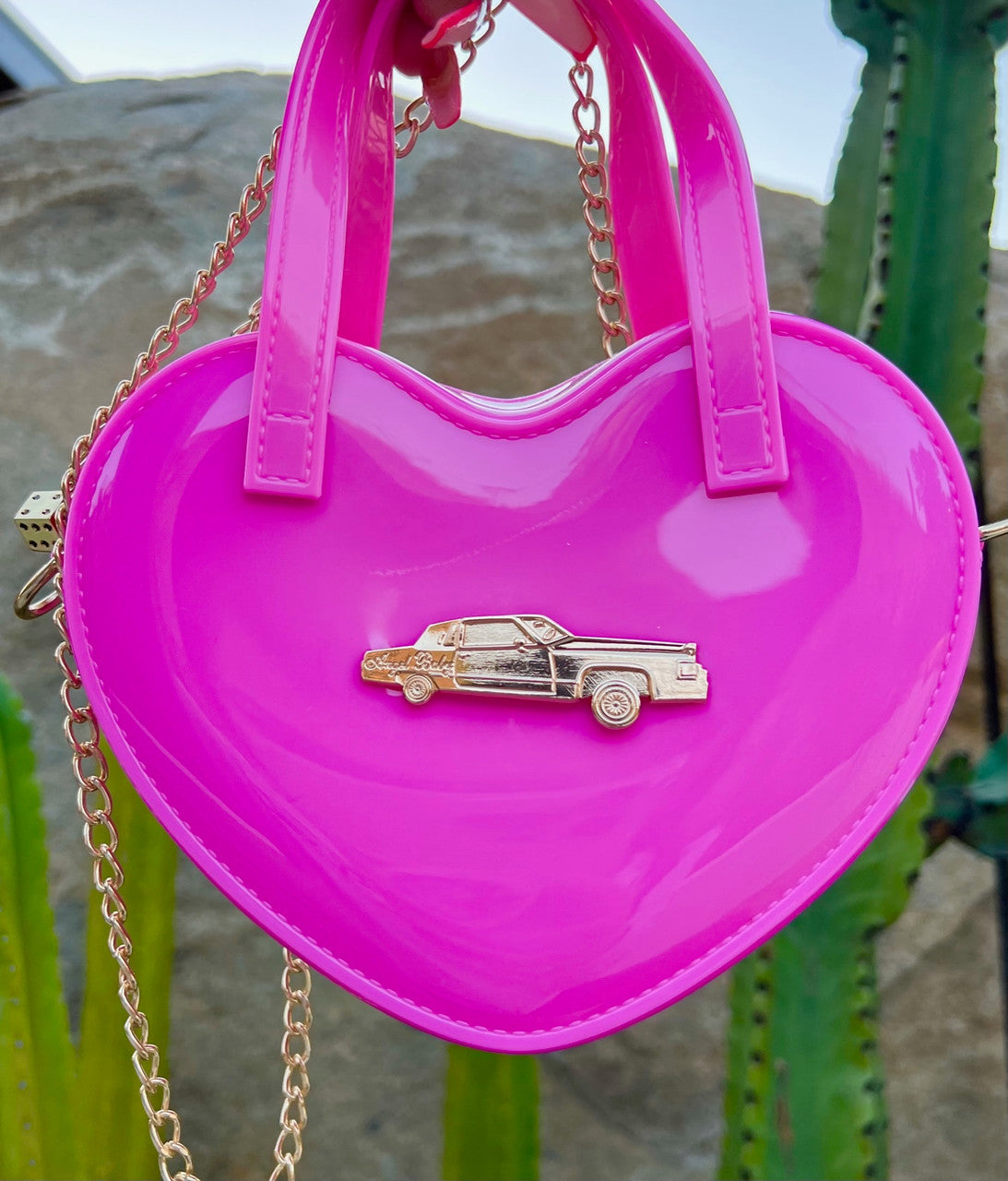 LIMITED EDITION Angel Baby Low Low Glossy Cross Body Chain Link Heart Handbag W/ 24K Solid Gold Dice Zipper Pull HOT PINK ((Limited Edition))