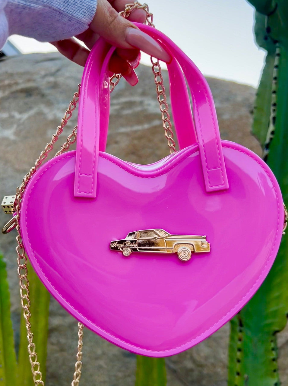 LIMITED EDITION Angel Baby Low Low Glossy Cross Body Chain Link Heart Handbag W/ 24K Solid Gold Dice Zipper Pull HOT PINK ((Limited Edition))