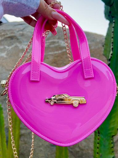 LIMITED EDITION Angel Baby Low Low Glossy Cross Body Chain Link Heart Handbag W/ 24K Solid Gold Dice Zipper Pull HOT PINK ((Limited Edition))