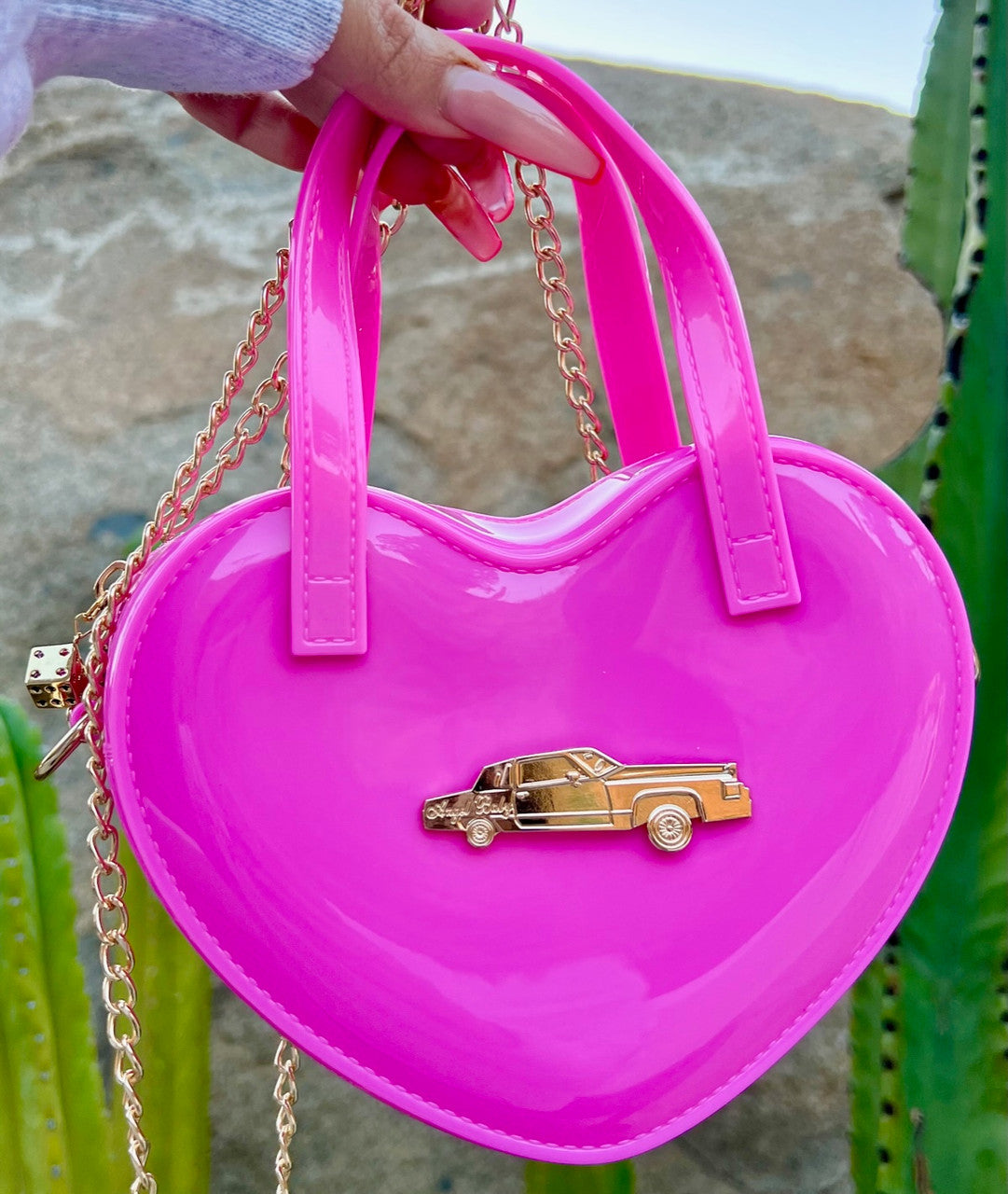 LIMITED EDITION Angel Baby Low Low Glossy Cross Body Chain Link Heart Handbag W/ 24K Solid Gold Dice Zipper Pull HOT PINK ((Limited Edition))