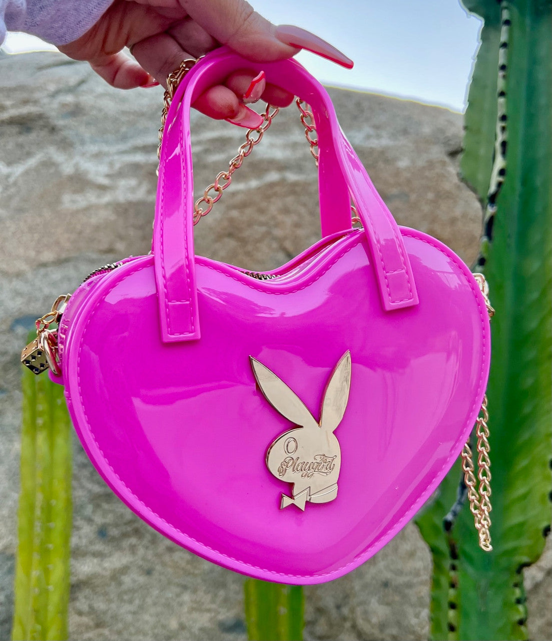 LIMITED EDITION Playgirl Glossy Cross Body Chain Link Heart Handbag W/ 24K Solid Gold Dice Zipper Pull HOT PINK ((Limited Edition))