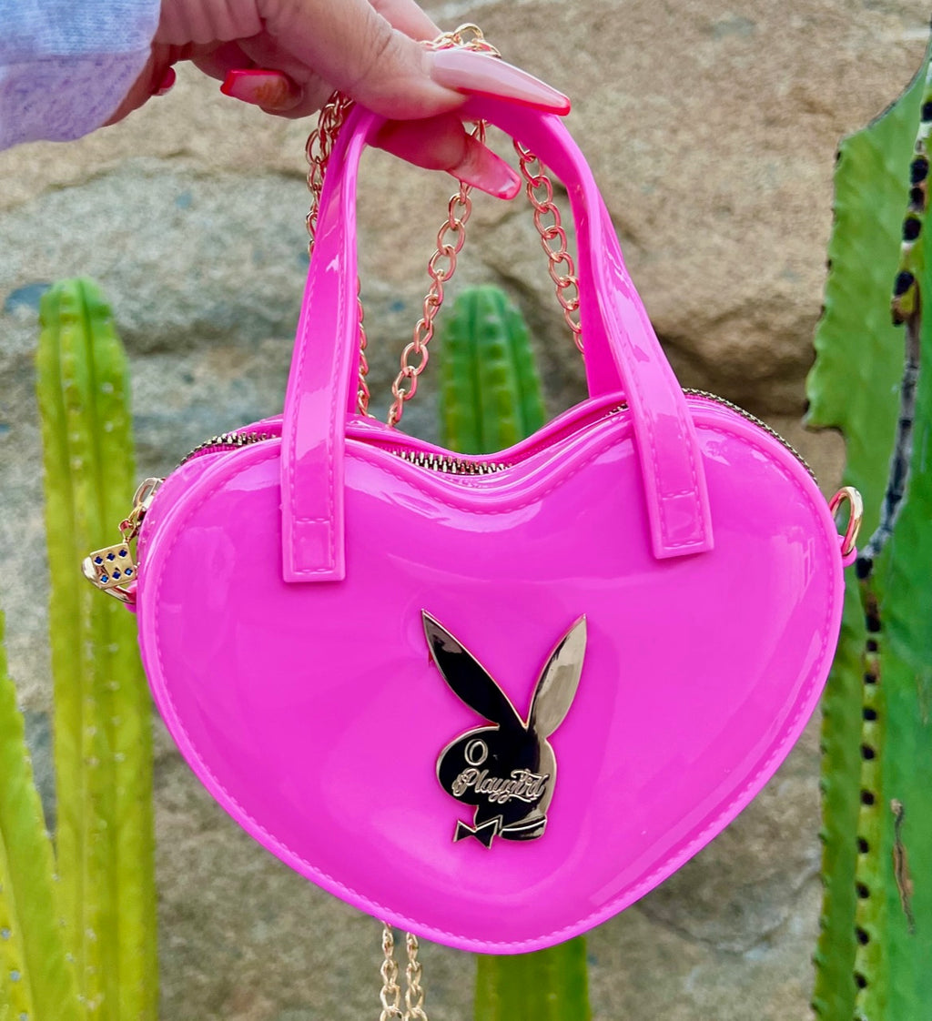 LIMITED EDITION Playgirl Glossy Cross Body Chain Link Heart Handbag W/ 24K Solid Gold Dice Zipper Pull HOT PINK ((Limited Edition))