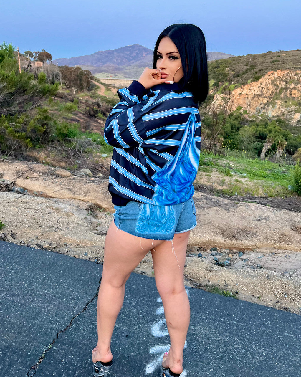 Limited Edition 'OUR LADY' Airbrushed Warm-Up Long Sleeve Striped Rugby Shirt (Blues)