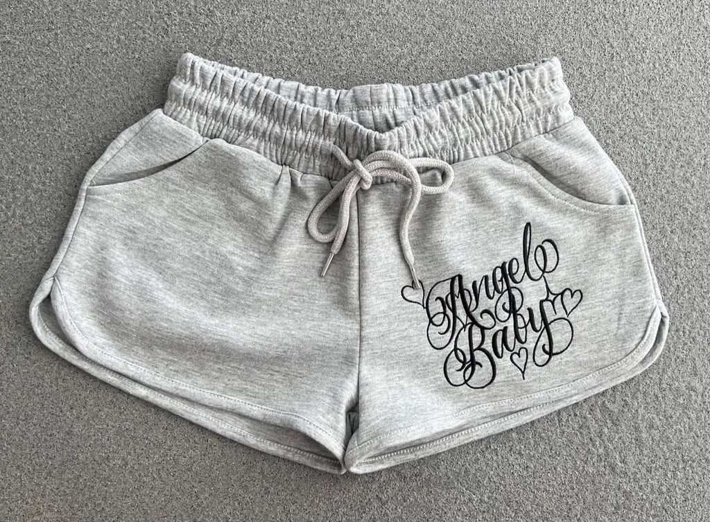 Limited Edition 'ANGEL BABY' Embroidered Cut & Sew Booty Shorts (Drawstring w/ pockets) GREY