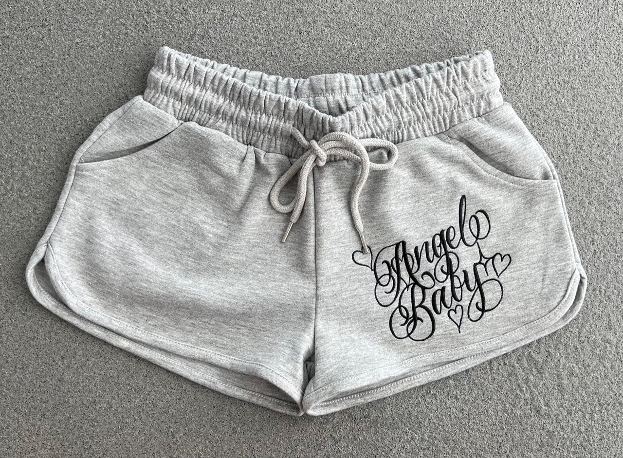 Limited Edition 'ANGEL BABY' Embroidered Cut & Sew Booty Shorts (Drawstring w/ pockets) GREY