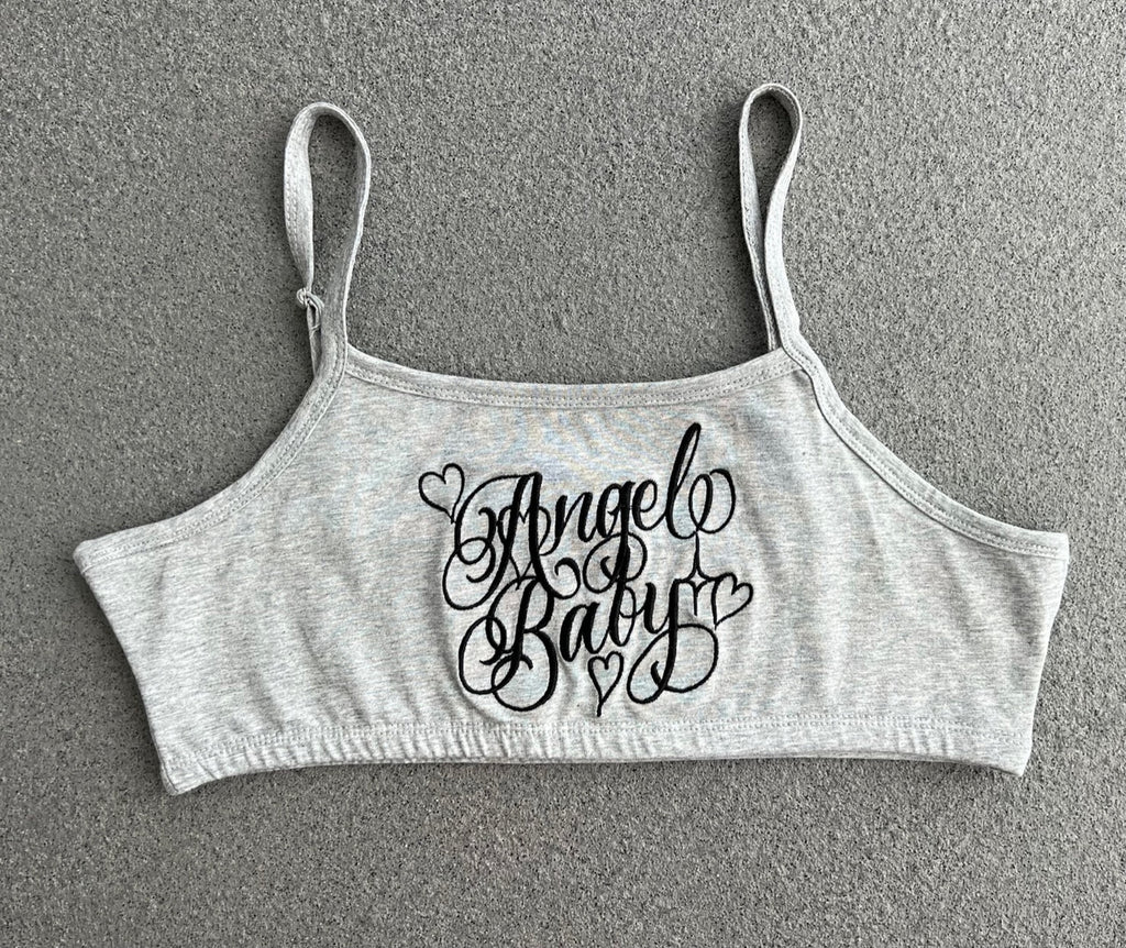 Limited Edition 'ANGEL BABY' Embroidered Cut & Sew Crop Top (Grey)