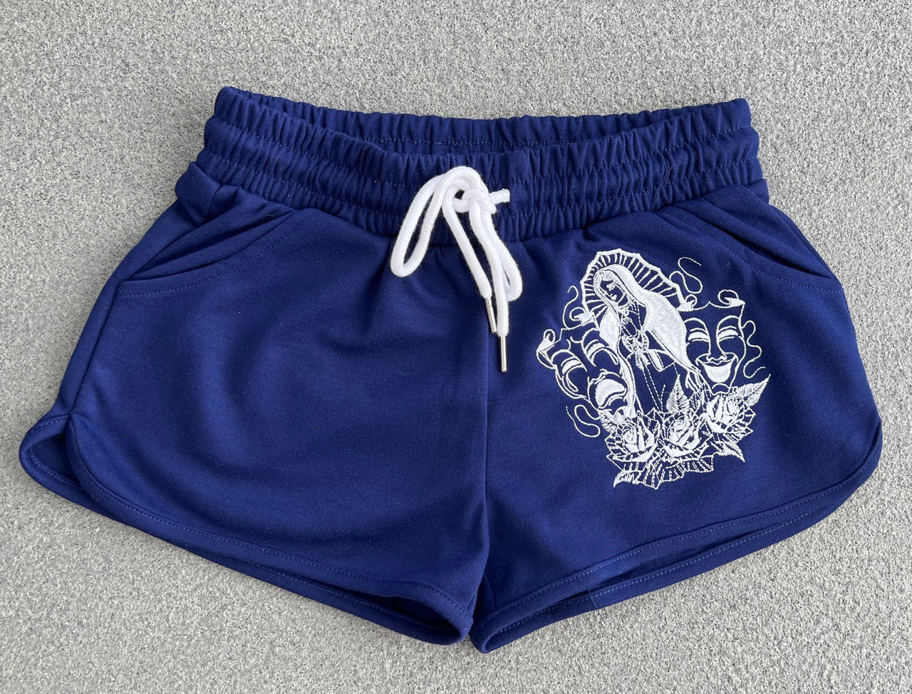 Limited Edition 'LUPITA' Embroidered Cut & Sew Booty Shorts (Drawstring w/ pockets) NAVY BLUE