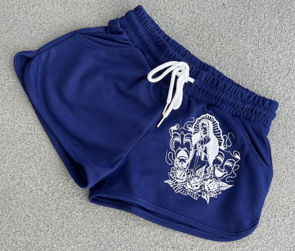 Limited Edition 'LUPITA' Embroidered Cut & Sew Booty Shorts (Drawstring w/ pockets) NAVY BLUE