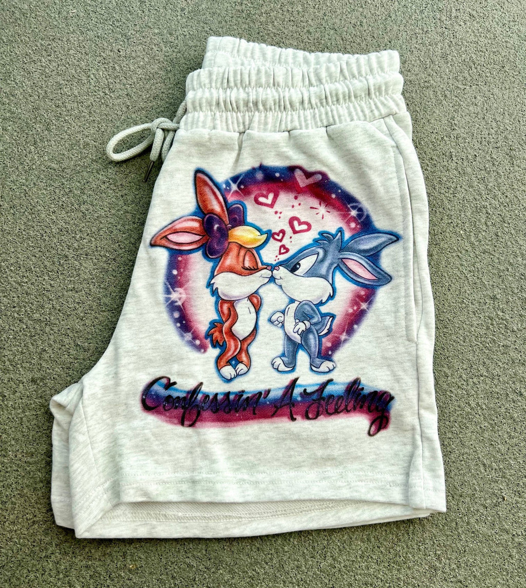 Confessin A Feeling' Custom Airbrushed Cut & Sew French Terry Sweatshorts (Drawstring w/ pockets) GREY