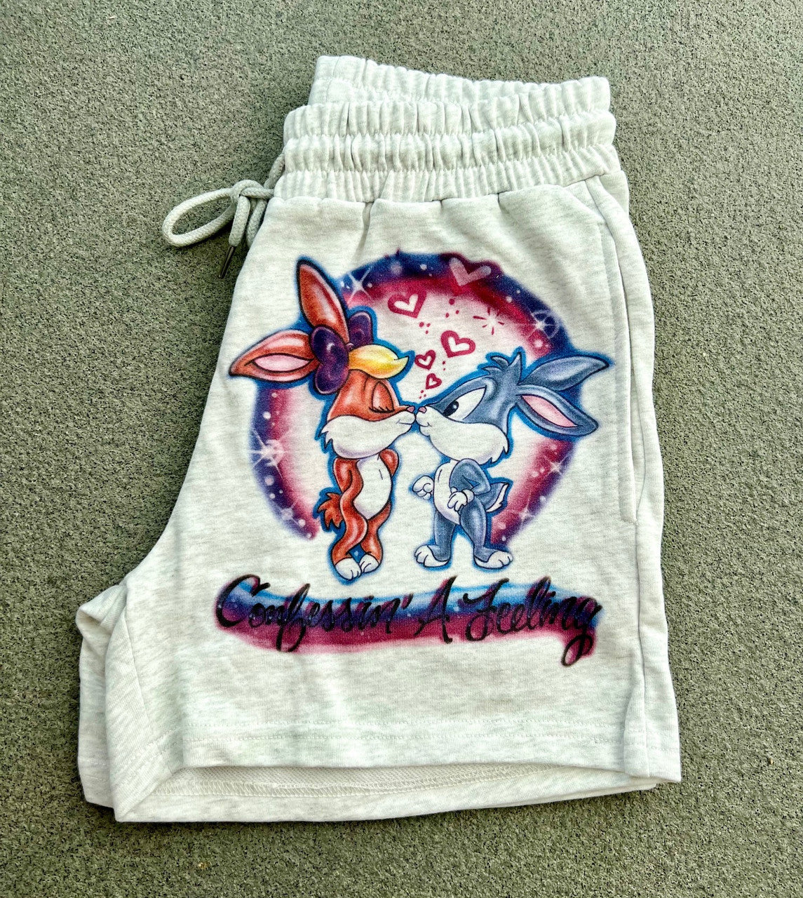 Confessin A Feeling' Custom Airbrushed Cut & Sew French Terry Sweatshorts (Drawstring w/ pockets) GREY