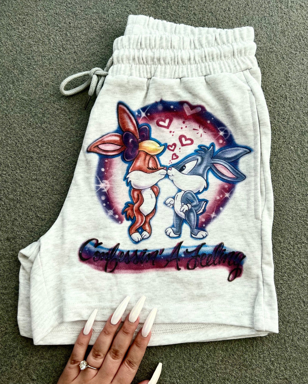 Confessin A Feeling' Custom Airbrushed Cut & Sew French Terry Sweatshorts (Drawstring w/ pockets) GREY