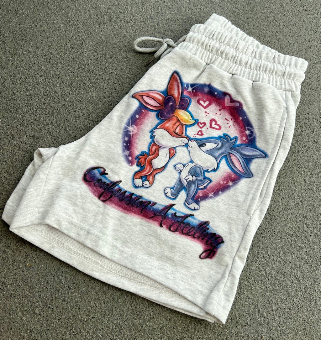 Confessin A Feeling' Custom Airbrushed Cut & Sew French Terry Sweatshorts (Drawstring w/ pockets) GREY