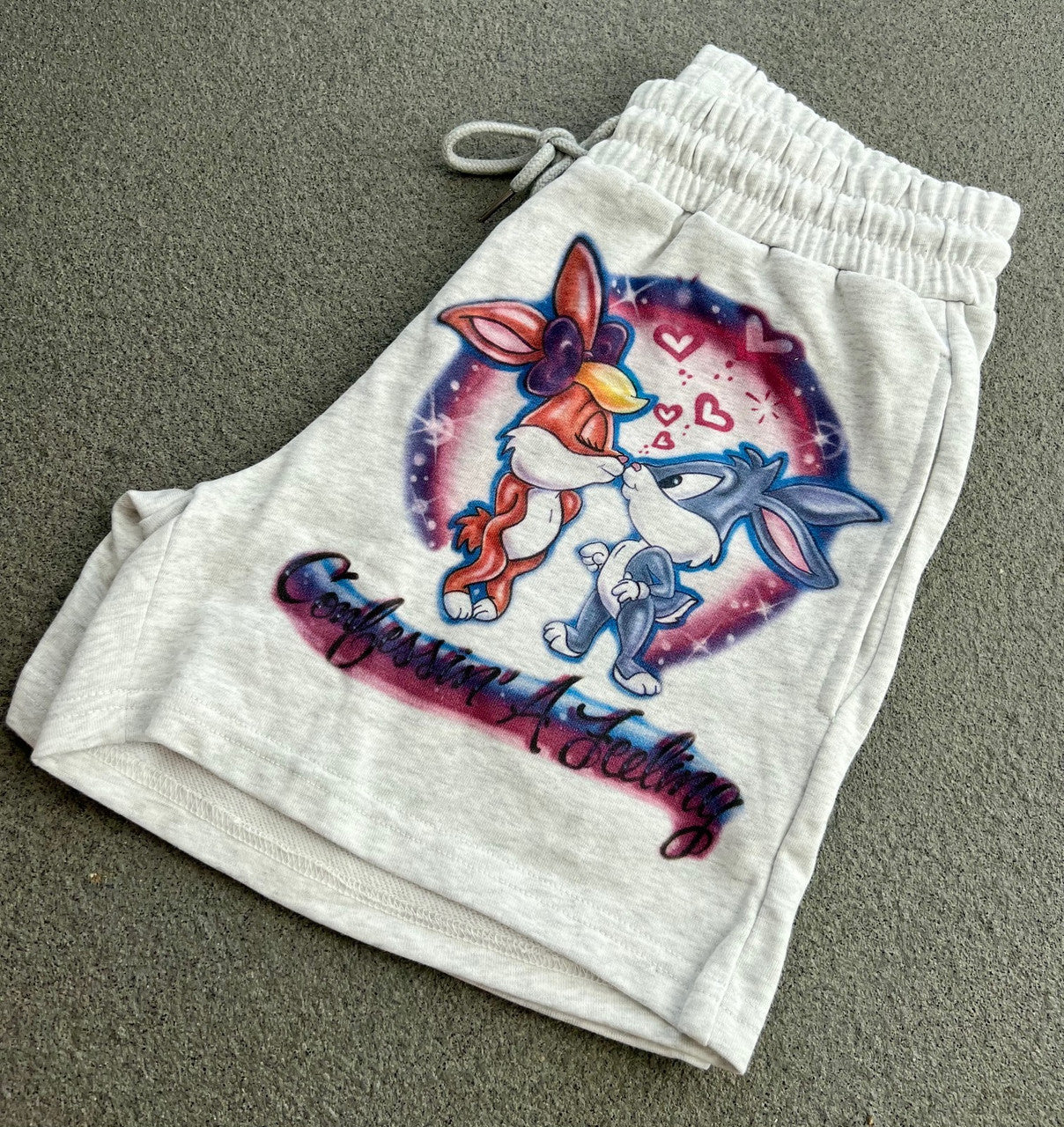 Confessin A Feeling' Custom Airbrushed Cut & Sew French Terry Sweatshorts (Drawstring w/ pockets) GREY
