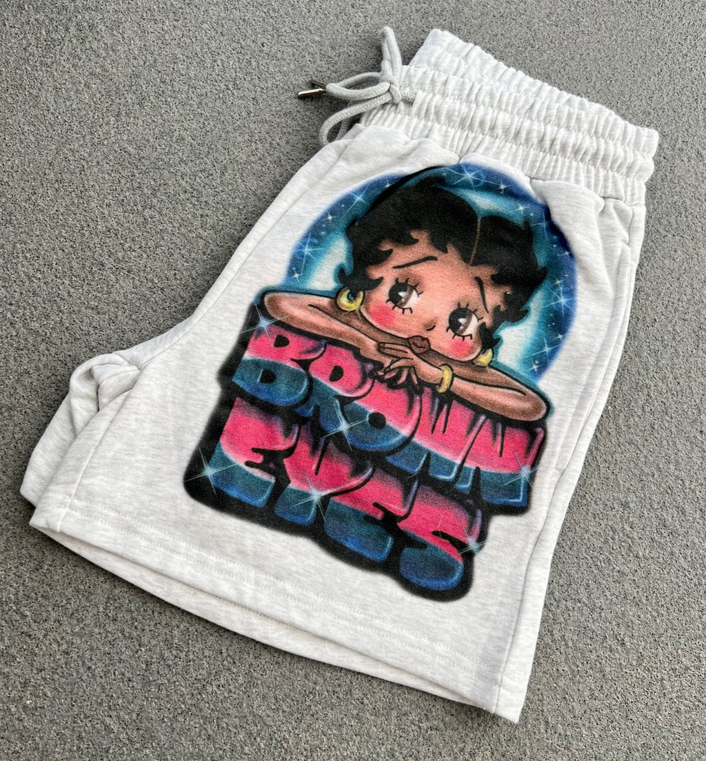 Brown Eyed Betty' Custom Airbrushed Cut & Sew French Terry Sweatshorts (Drawstring w/ pockets) GREY