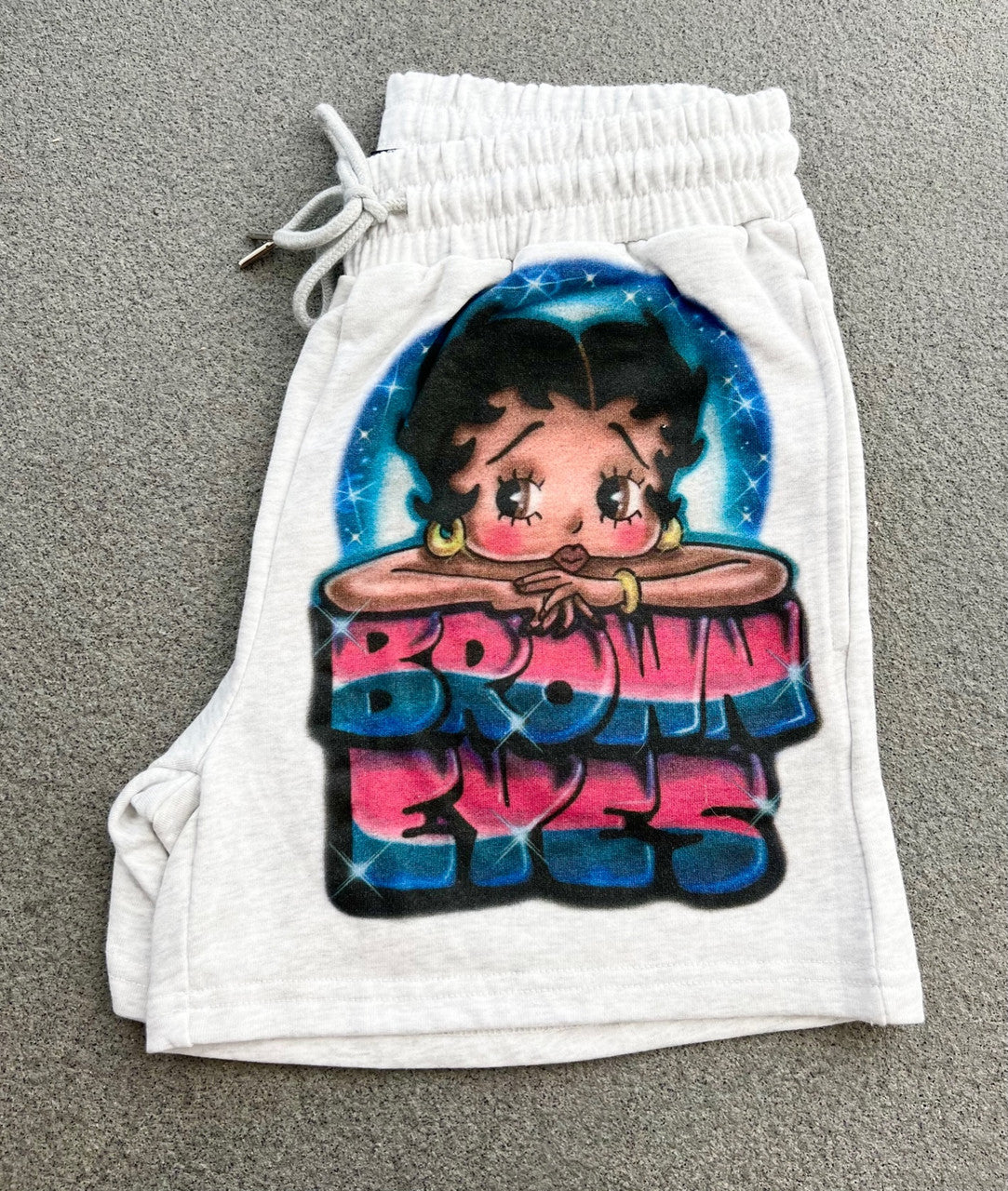 Brown Eyed Betty' Custom Airbrushed Cut & Sew French Terry Sweatshorts (Drawstring w/ pockets) GREY