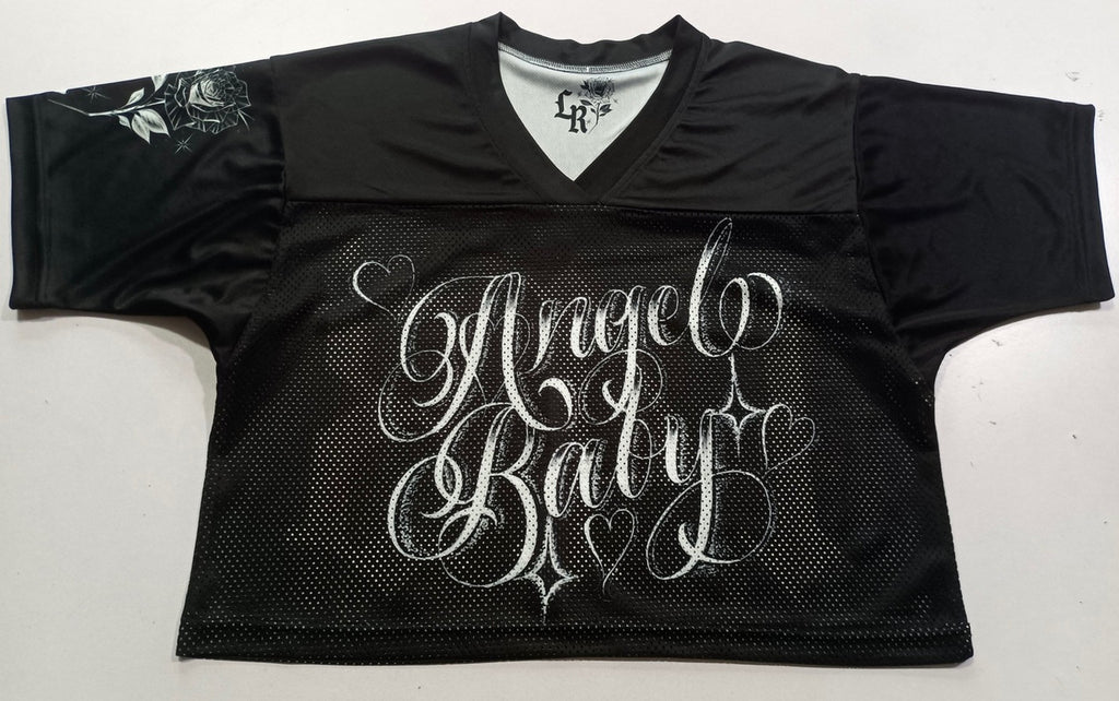 Angel Baby'143 Airbrush Cut & Sew Mesh Football CROPPED Jersey (BLACK)