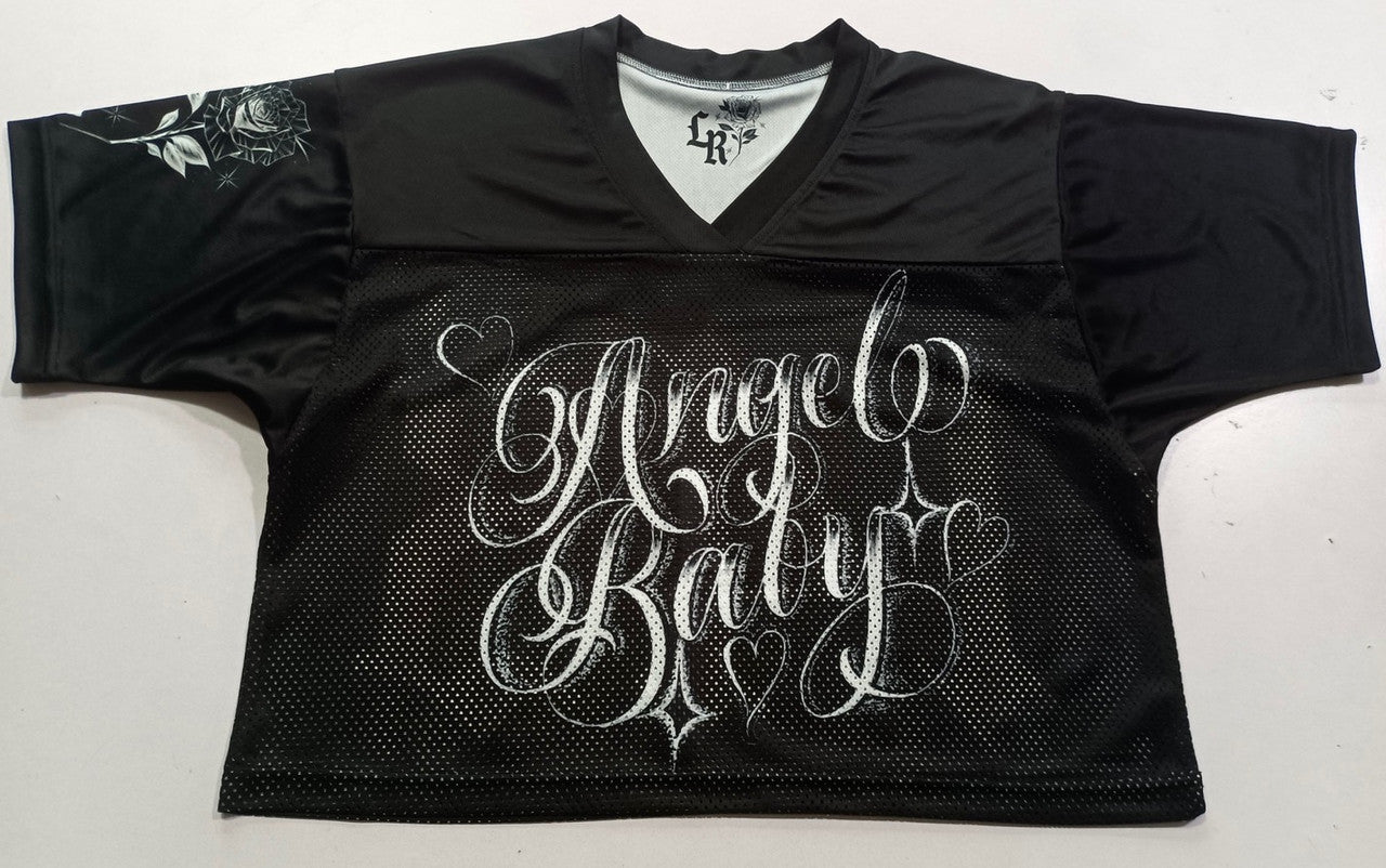 Angel Baby'143 Airbrush Cut & Sew Mesh Football CROPPED Jersey (BLACK)