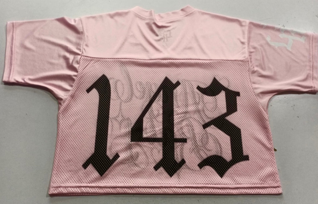 Angel Baby'143 Script Cut & Sew Mesh Football CROPPED Jersey (PINK)