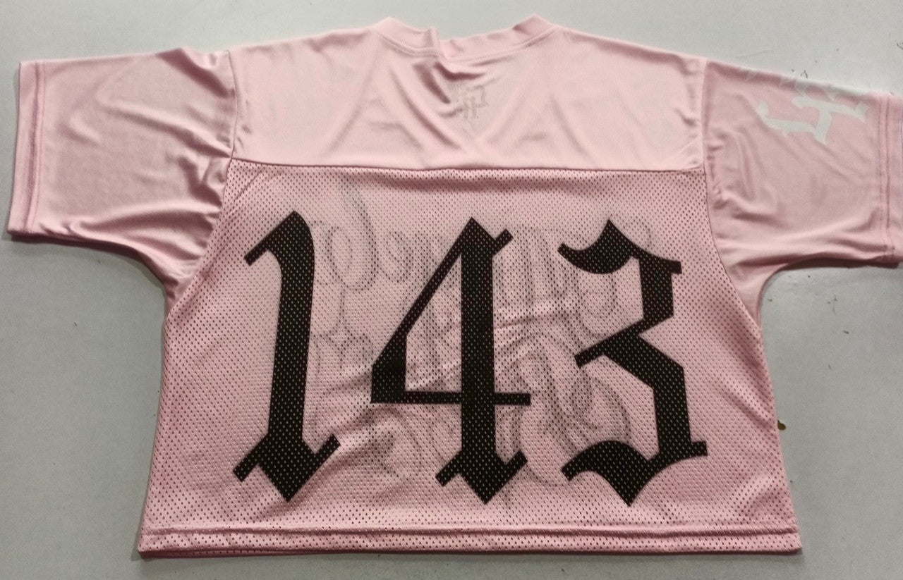 Angel Baby'143 Script Cut & Sew Mesh Football CROPPED Jersey (PINK)