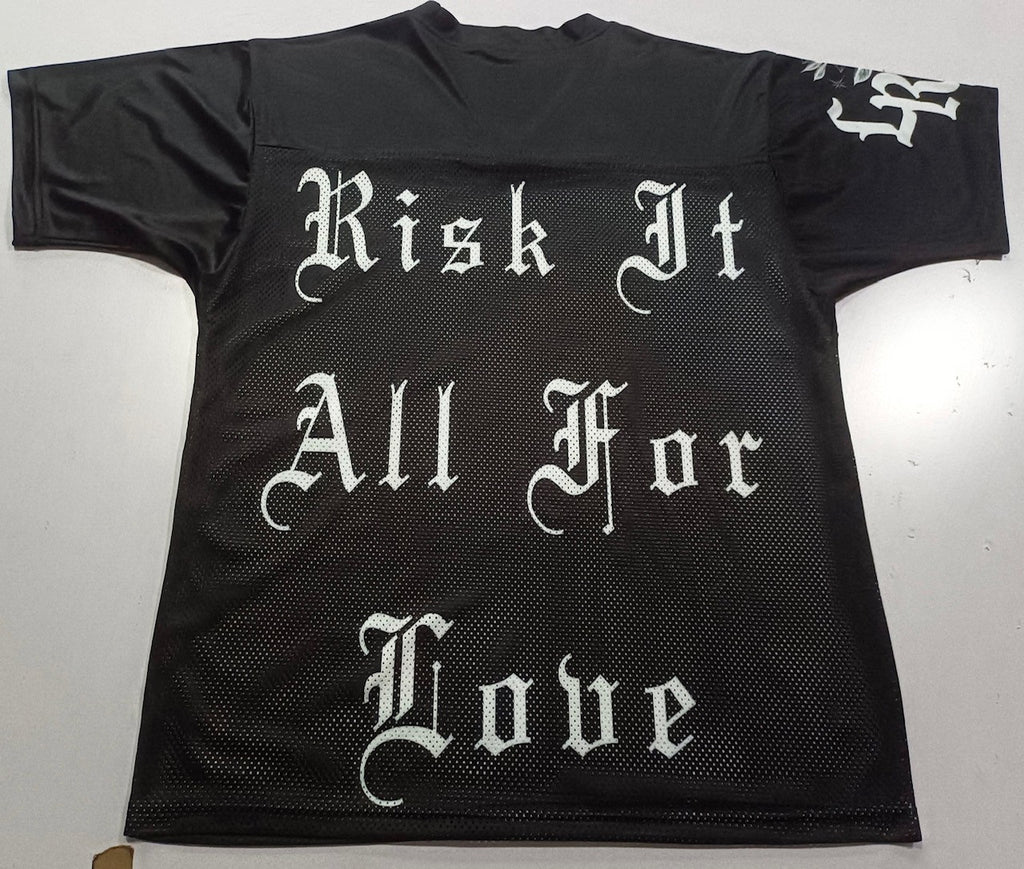 Risk It All For Love' Airbrush Cut & Sew Mesh Football Jersey (BLACK)