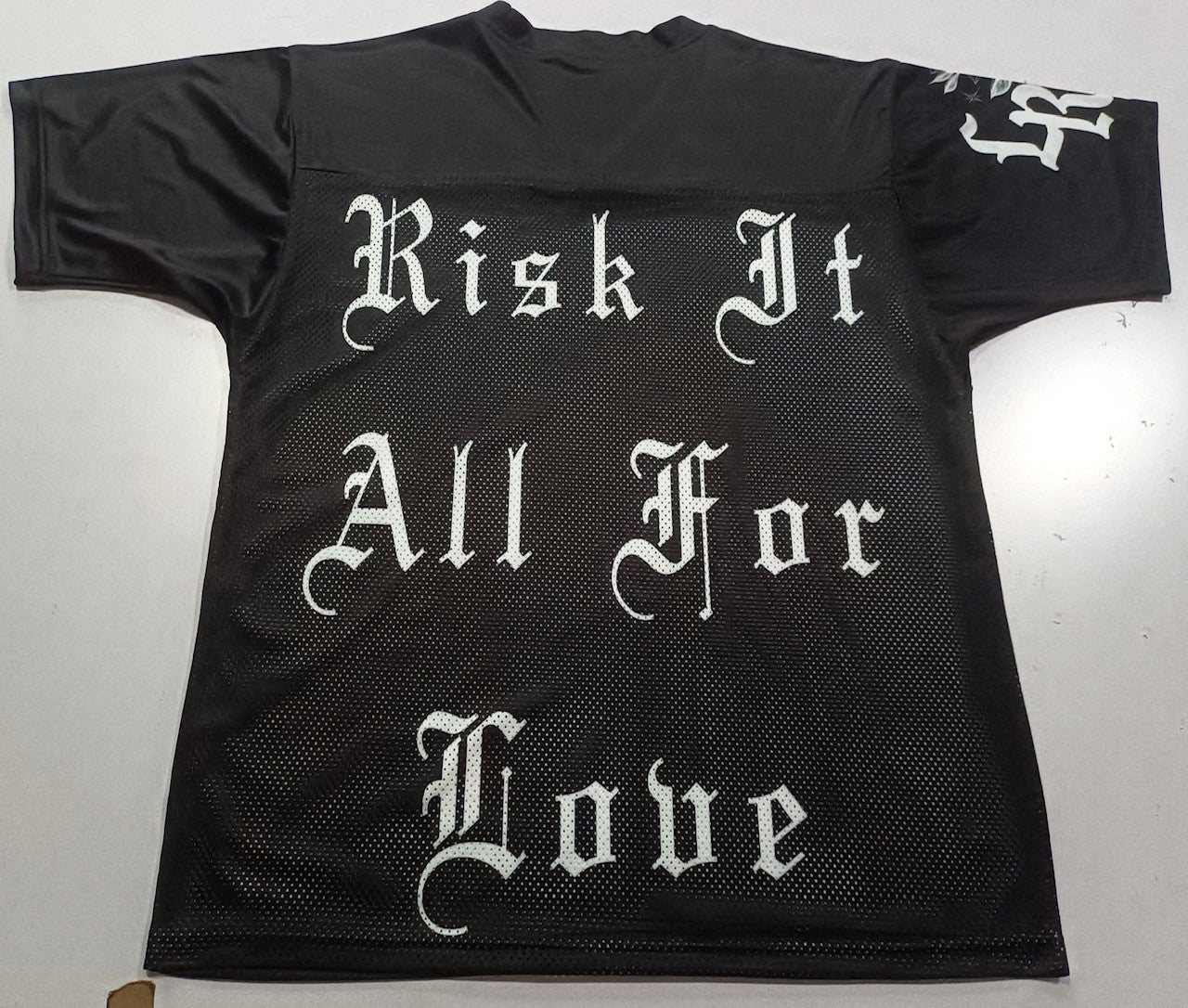 Risk It All For Love' Airbrush Cut & Sew Mesh Football Jersey (BLACK)