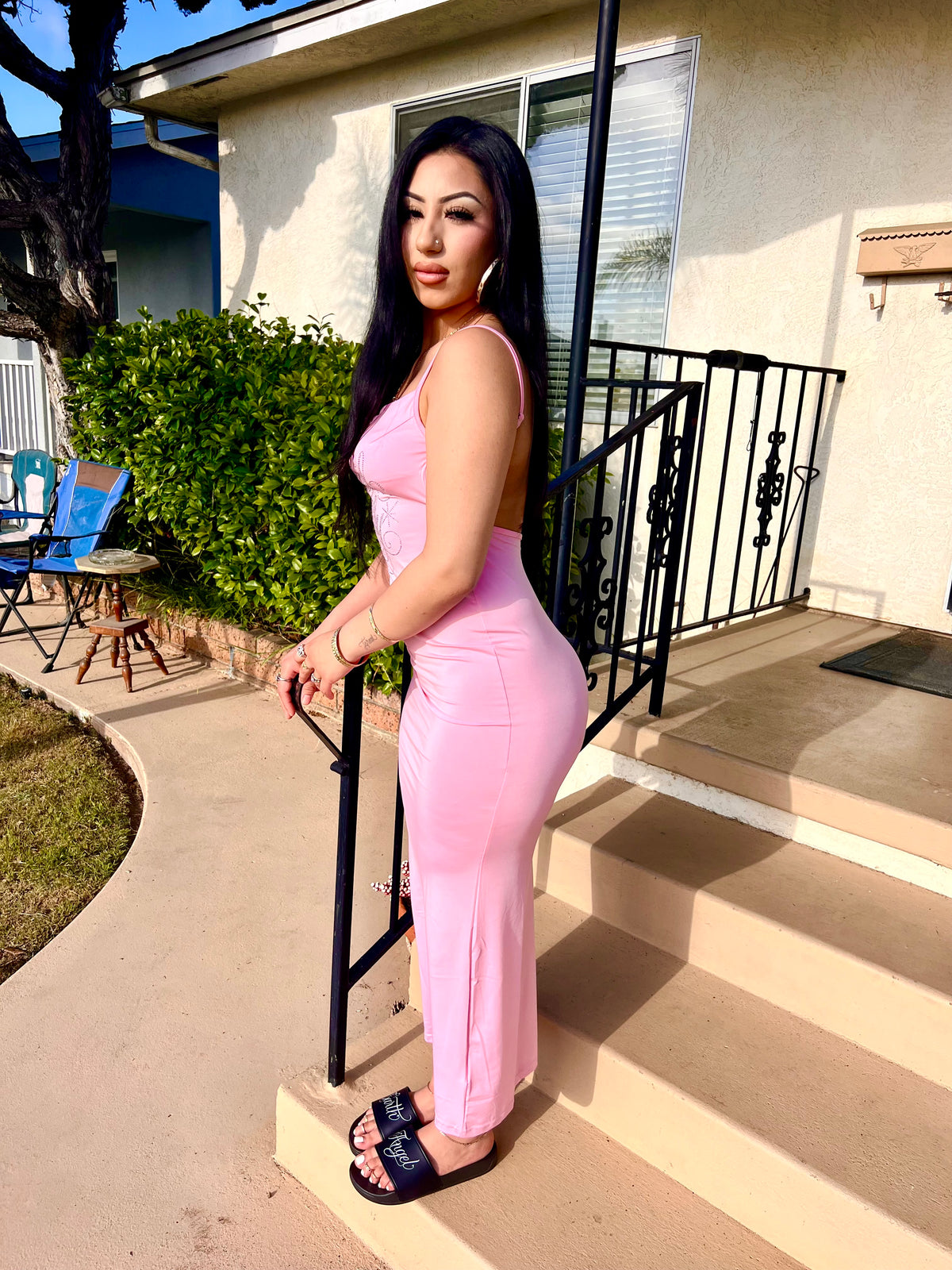 'Heavenly Angel' Rhinestone Script Long Slip Dress (Bubblegum Pink)