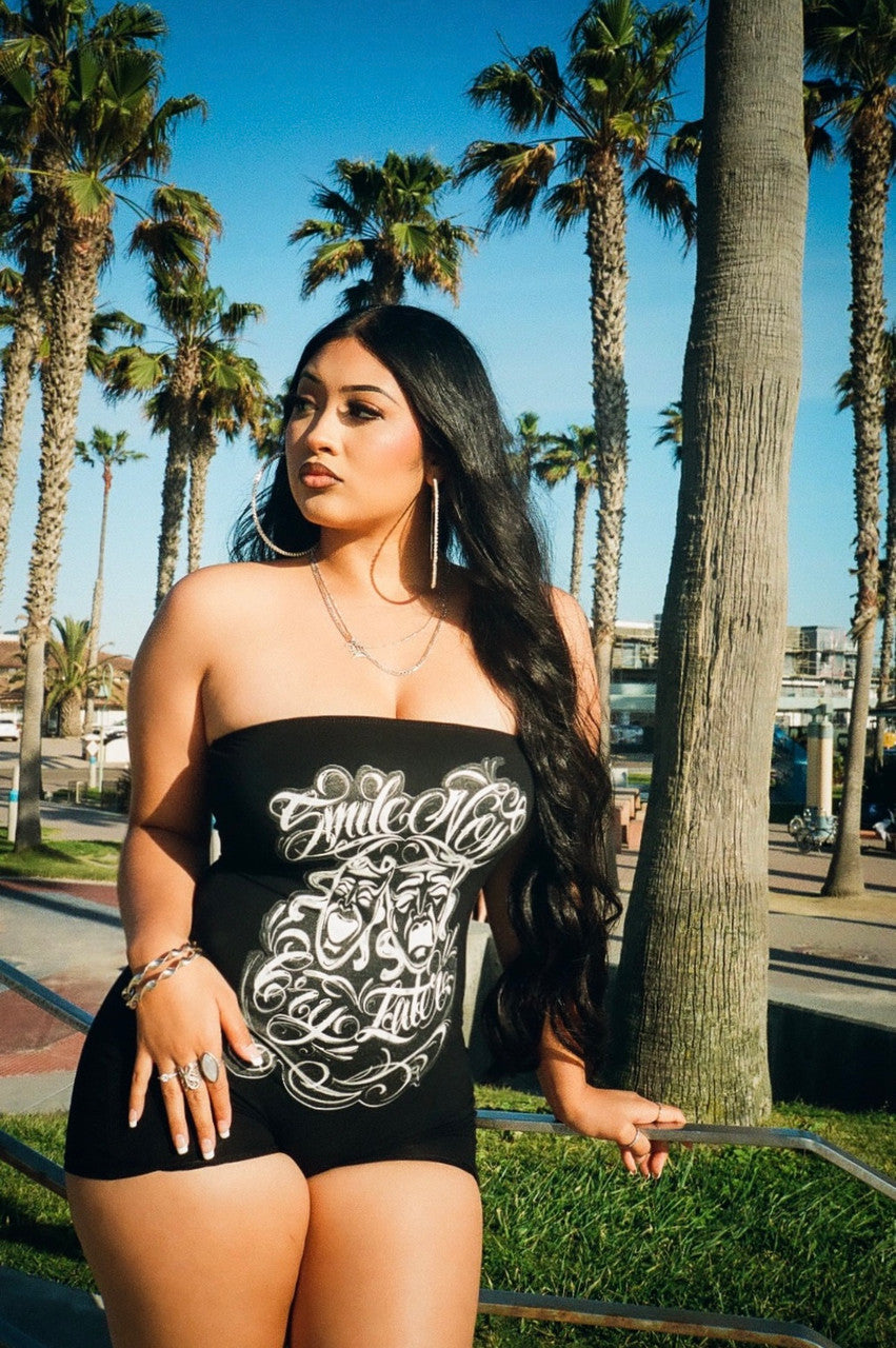 LIMITED EDITION 'SMILE NOW, CRY LATER' AIRBRUSHED ONE PIECE TUBE TOP ROMPER (Black/White)