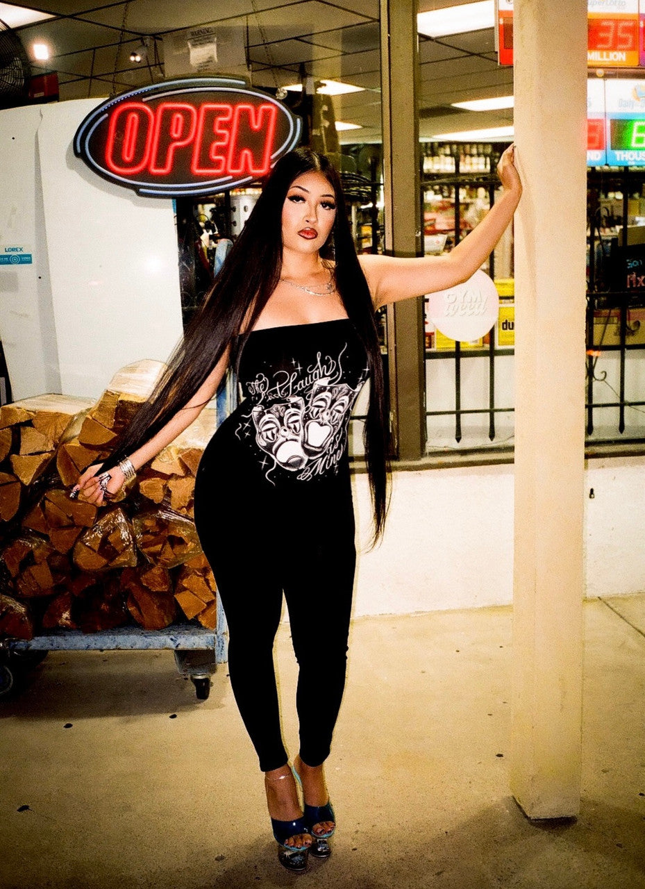 LIMITED EDITION 'LAST LAUGH IS MINE' PEN & INK TUBE TOP ONE PIECE CATSUIT FULL LENGTH (Black/White)