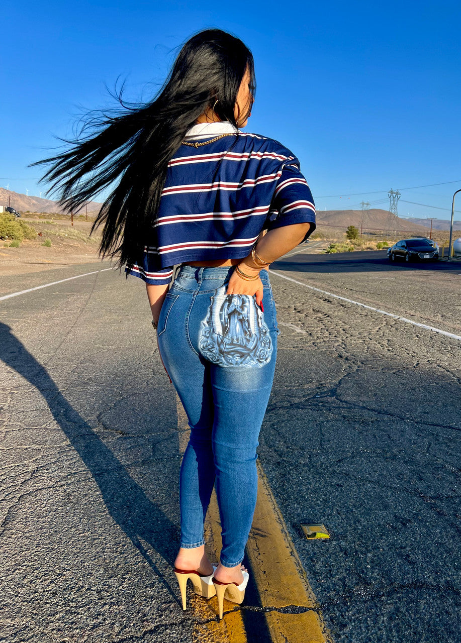 LIMITED EDITION 'Our Lady' Airbrushed High Waisted Ripped Denim Jeans