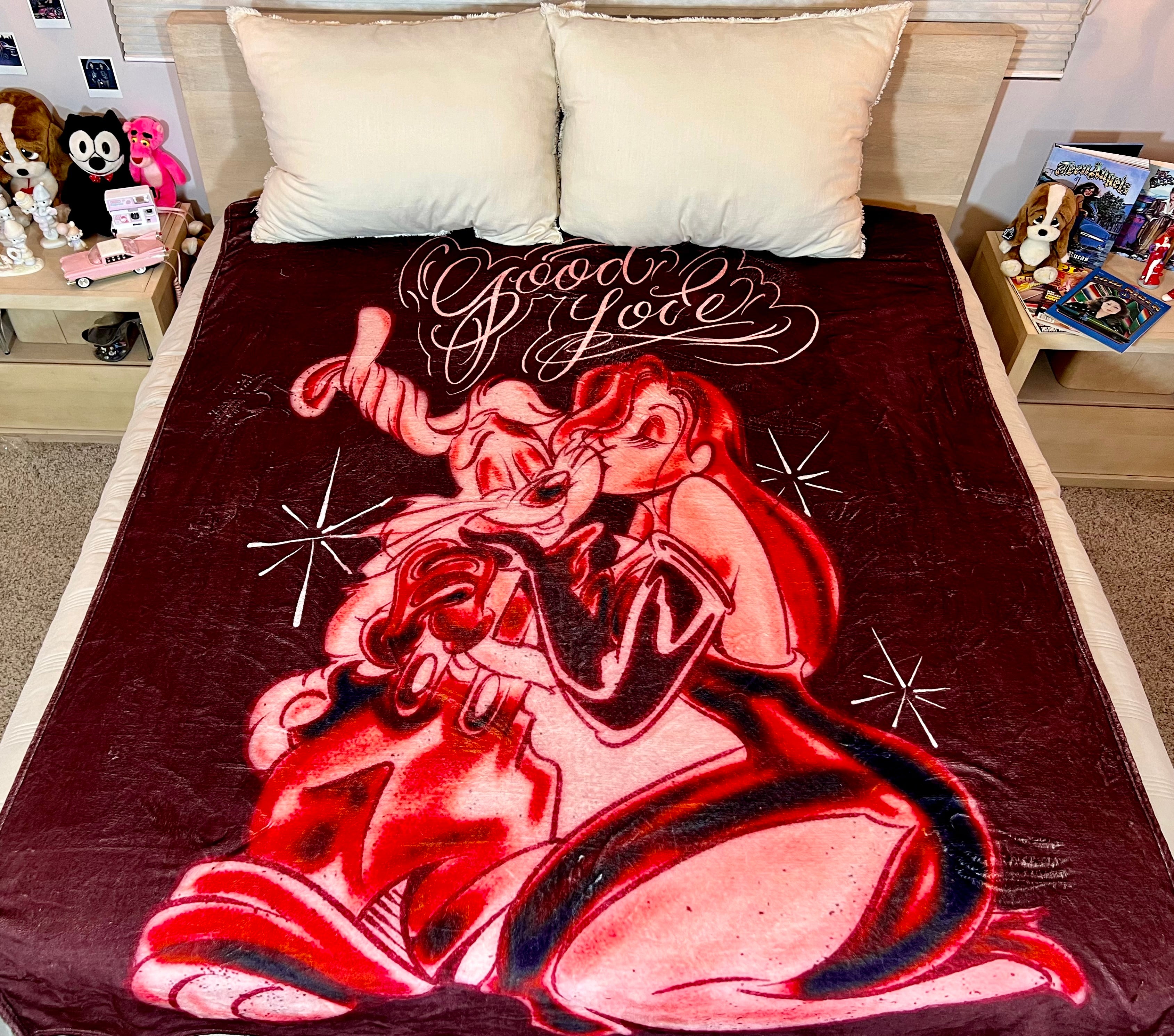 LIMITED EDITION EXTRA LARGE 'GOOD LOVIN'' Pen & Ink Y2K Fleece Blanket (BURGUNDY/RED) *Limited Edition