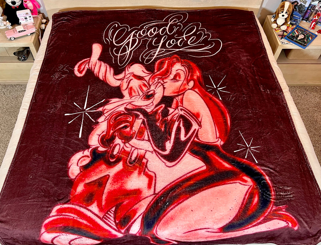 LIMITED EDITION EXTRA LARGE 'GOOD LOVIN'' Pen & Ink Y2K Fleece Blanket (BURGUNDY/RED) *Limited Edition