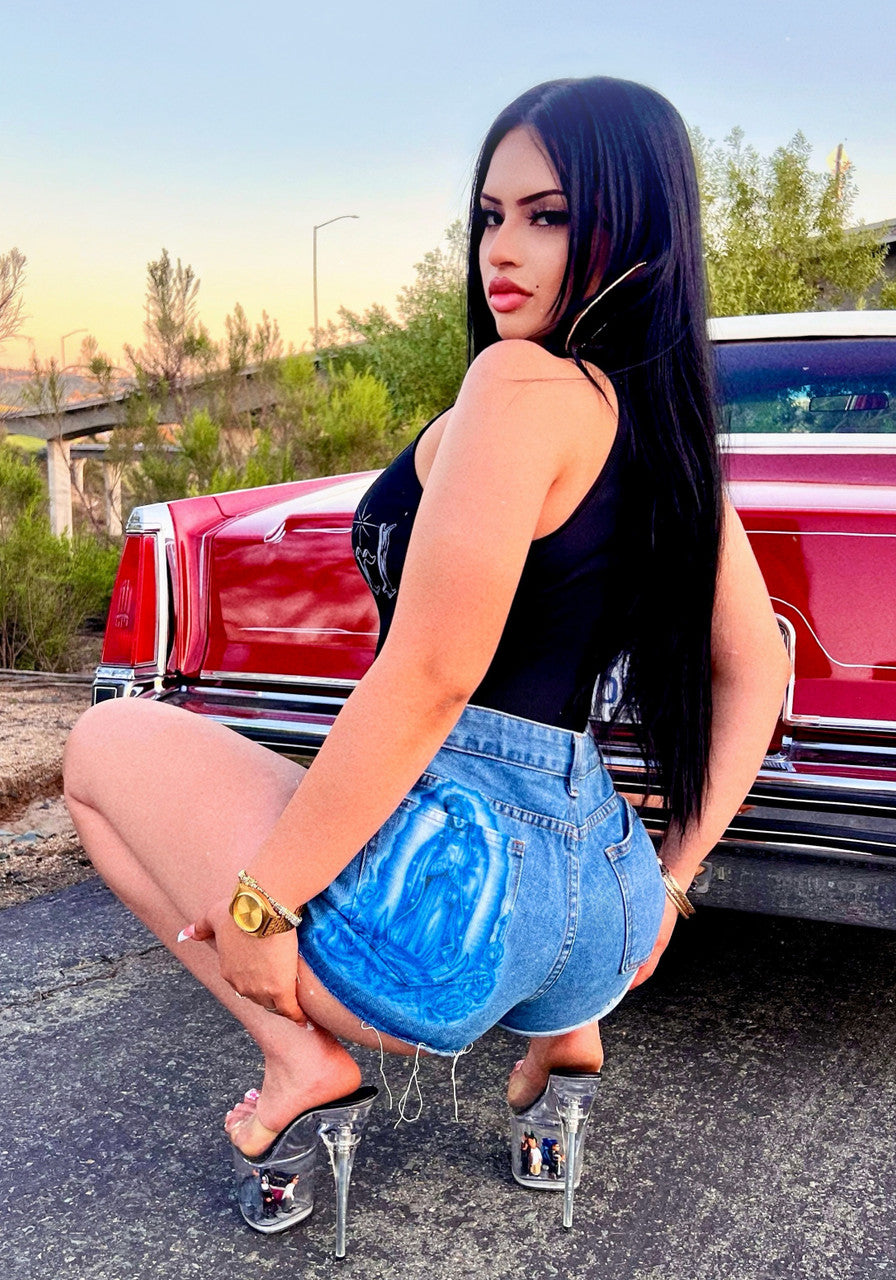 LIMITED EDITION 'Our Lady' Airbrushed Cut-Off Denim Shorts