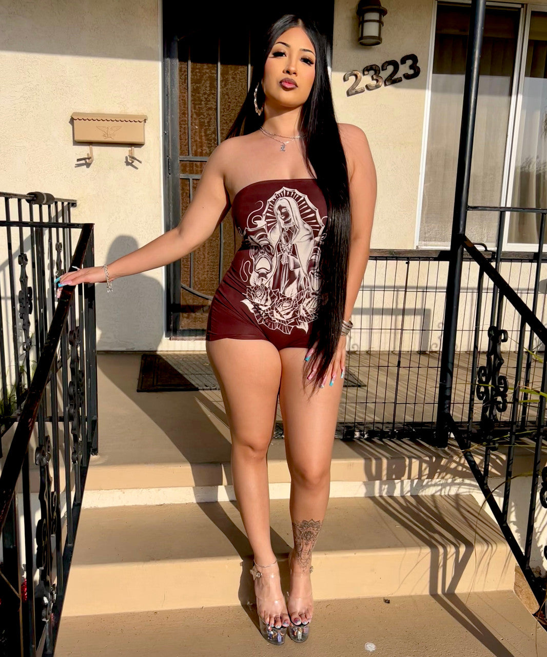 LIMITED EDITION 'LUPITA' PEN & INK ONE PIECE TUBE TOP ROMPER (Brown/Tan)