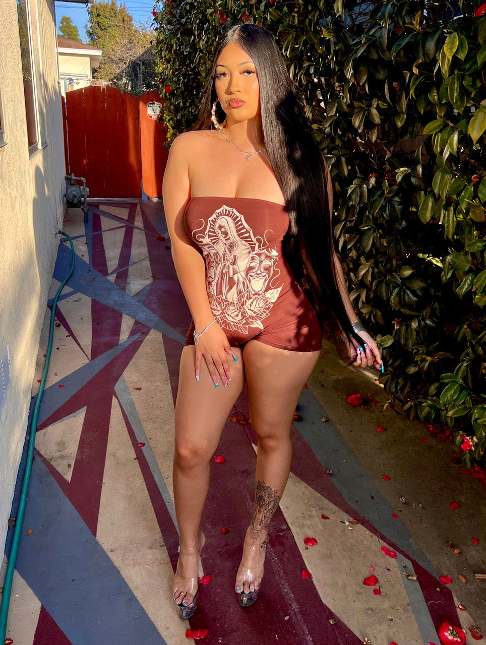 LIMITED EDITION 'LUPITA' PEN & INK ONE PIECE TUBE TOP ROMPER (Brown/Tan)