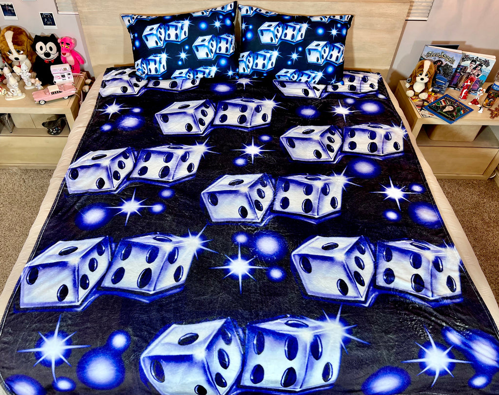 LIMITED EDITION EXTRA LARGE 'ROLL THE DICE' Dice Airbrush Y2K Fleece Blanket (BLUE AS ICE) *Limited Edition
