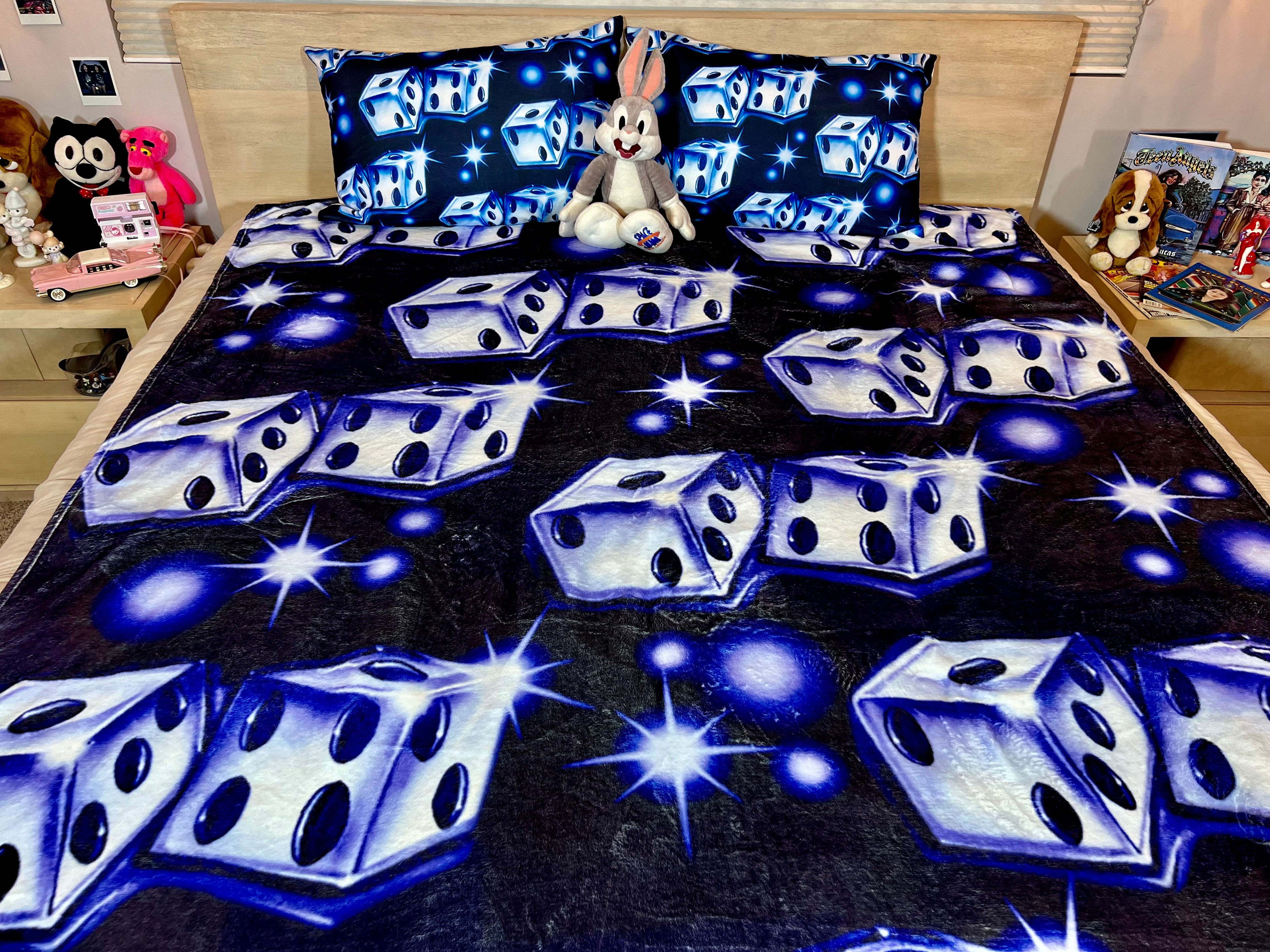 LIMITED EDITION EXTRA LARGE 'ROLL THE DICE' Dice Airbrush Y2K Fleece Blanket (BLUE AS ICE) *Limited Edition