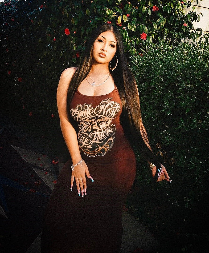 Limited Edition 'Smile Now, Cry Later' Airbrushed Criss Cross Backless Long Slip Dress (Chocolate Brown)