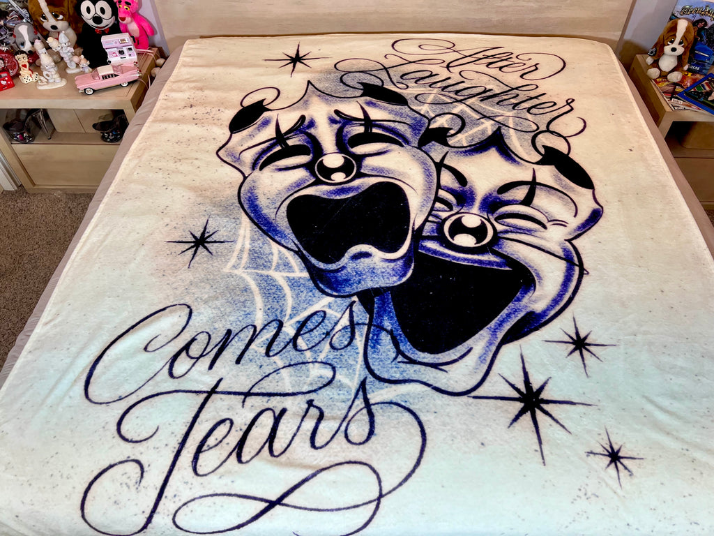LIMITED EDITION EXTRA LARGE 'AFTER LAUGHTER COMES TEARS' Pen & Ink Y2K Fleece Blanket (VINTAGE WHITE/BLUE) *Limited Edition