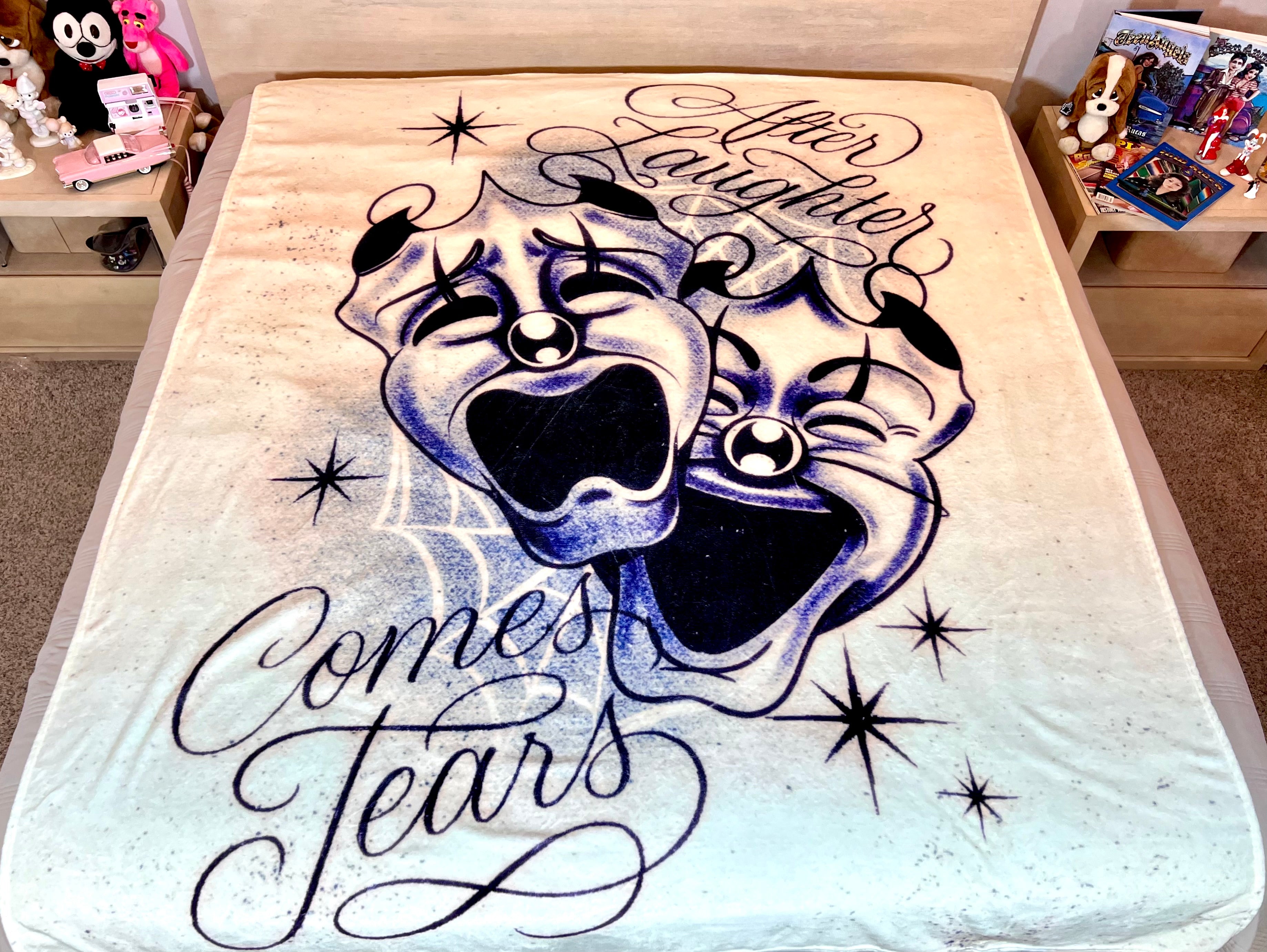 LIMITED EDITION EXTRA LARGE 'AFTER LAUGHTER COMES TEARS' Pen & Ink Y2K Fleece Blanket (VINTAGE WHITE/BLUE) *Limited Edition