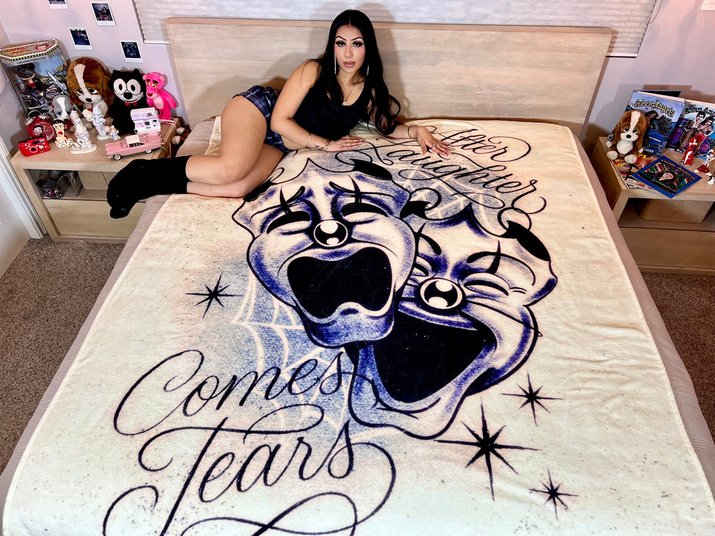 LIMITED EDITION EXTRA LARGE 'AFTER LAUGHTER COMES TEARS' Pen & Ink Y2K Fleece Blanket (VINTAGE WHITE/BLUE) *Limited Edition