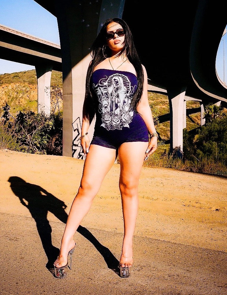 LIMITED EDITION 'LUPITA' PEN & INK ONE PIECE TUBE TOP ROMPER (Navy/Light Blue)