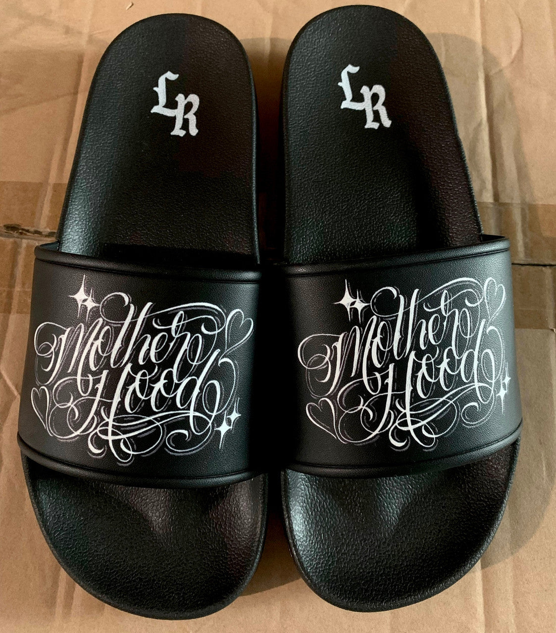 Limited Edition LR 'Motherhood' Custom Script Slides (Black)