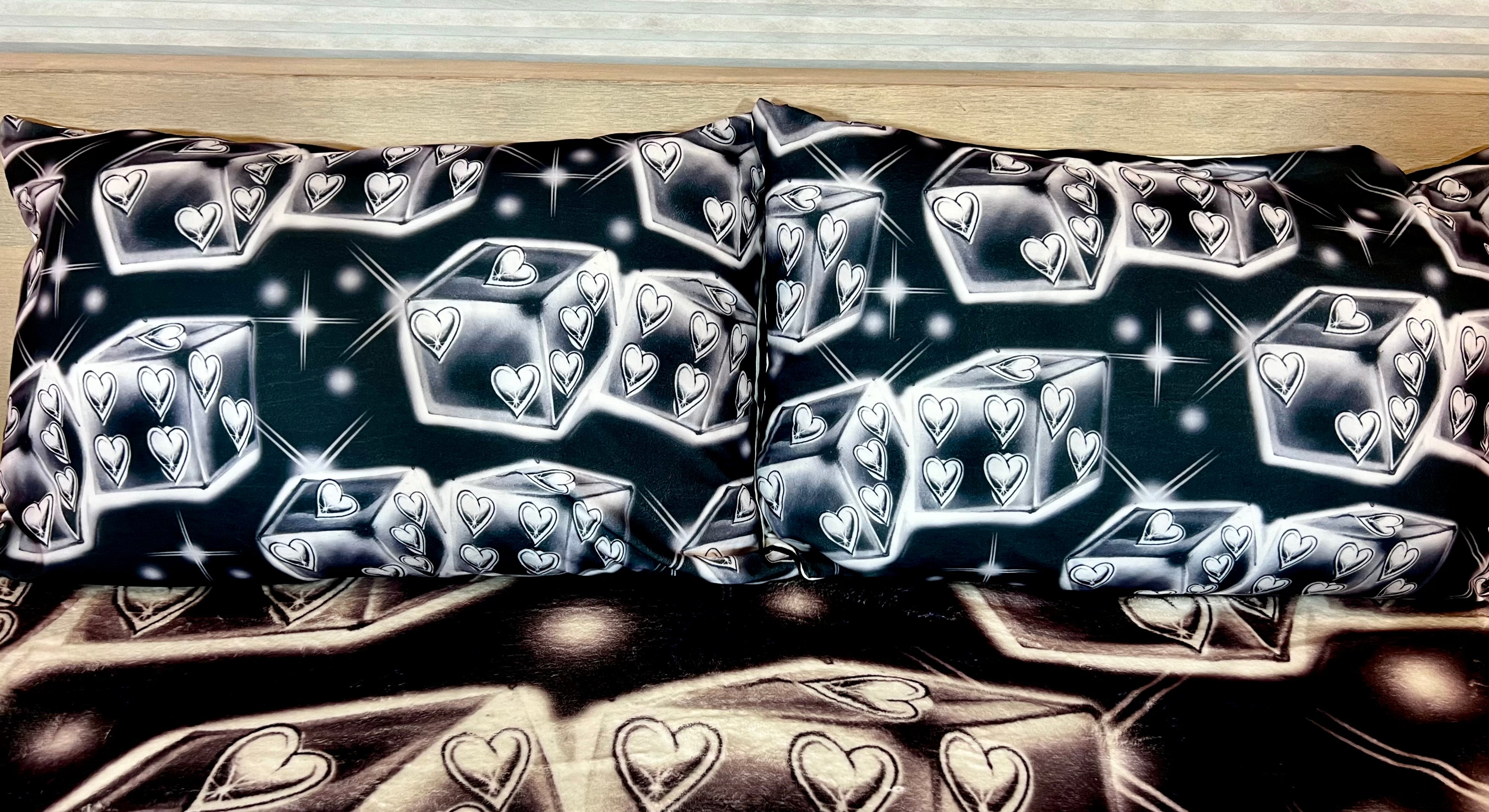 'DON'T PLAY WITH MY HEART' Dice Airbrush Y2K Pillowcases (Set Of Two) *BLACK/WHITE