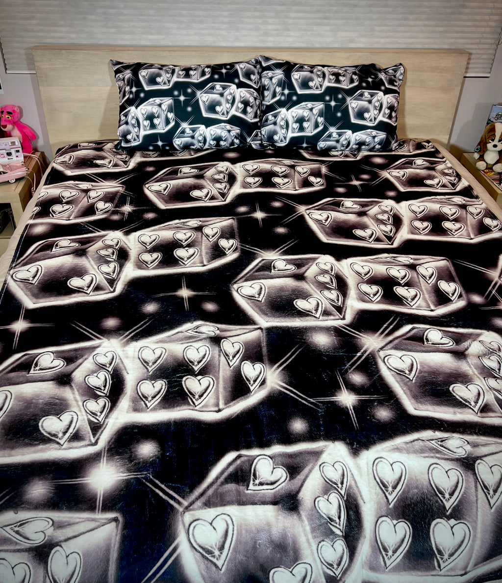 LIMITED EDITION EXTRA LARGE 'DON'T PLAY WITH MY HEART' Dice Airbrush Y2K Fleece Blanket (BLACK/WHITE) *Limited Edition