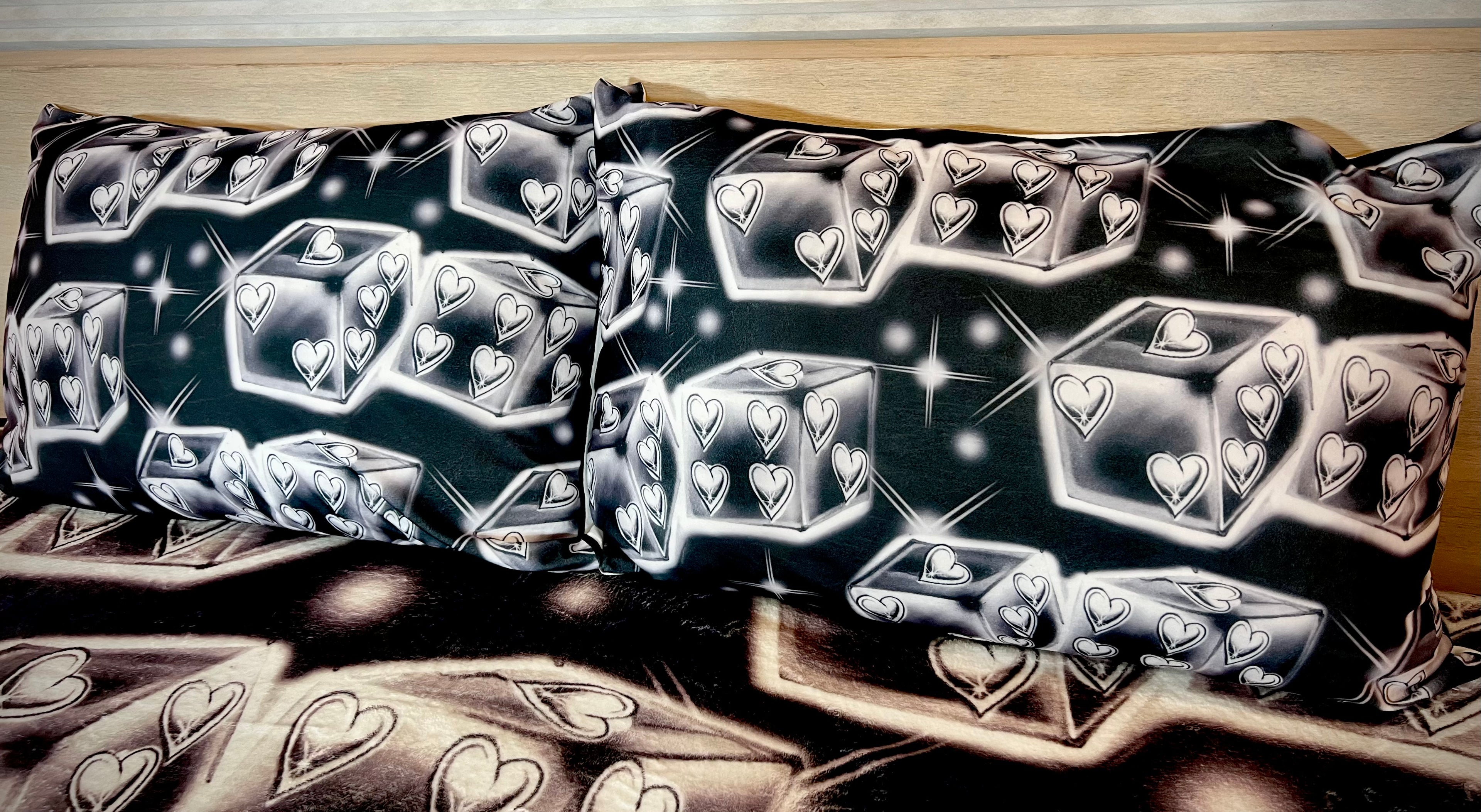 'DON'T PLAY WITH MY HEART' Dice Airbrush Y2K Pillowcases (Set Of Two) *BLACK/WHITE