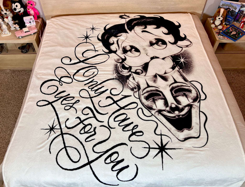 LIMITED EDITION EXTRA LARGE 'I ONLY HAVE EYES FOR YOU' Pen & Ink Y2K Fleece Blanket (WHITE/BLACK) *Limited Edition