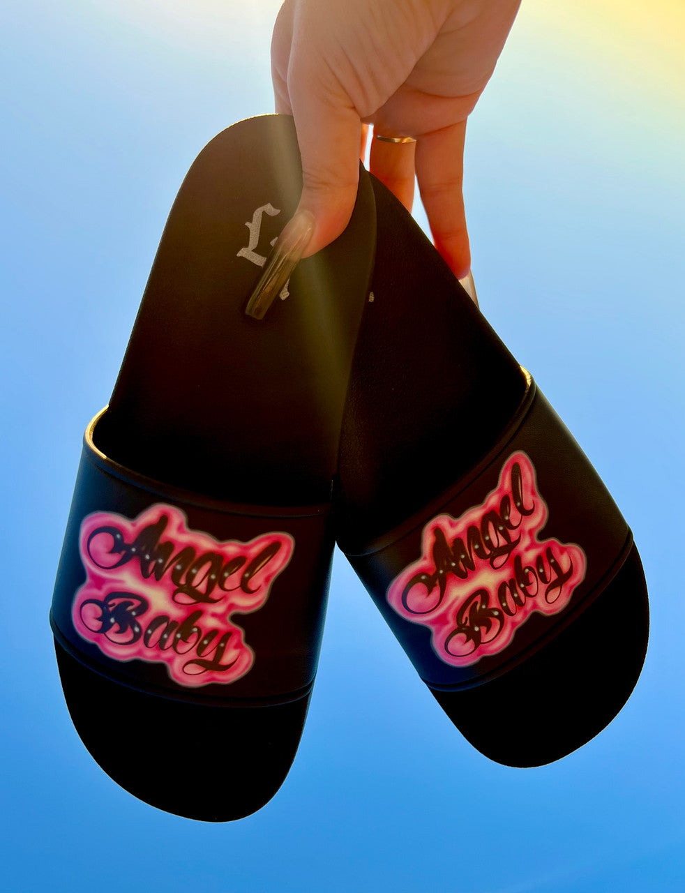 ANGEL BABY Airbrushed Slides (Black/Pink) *Limited Edition