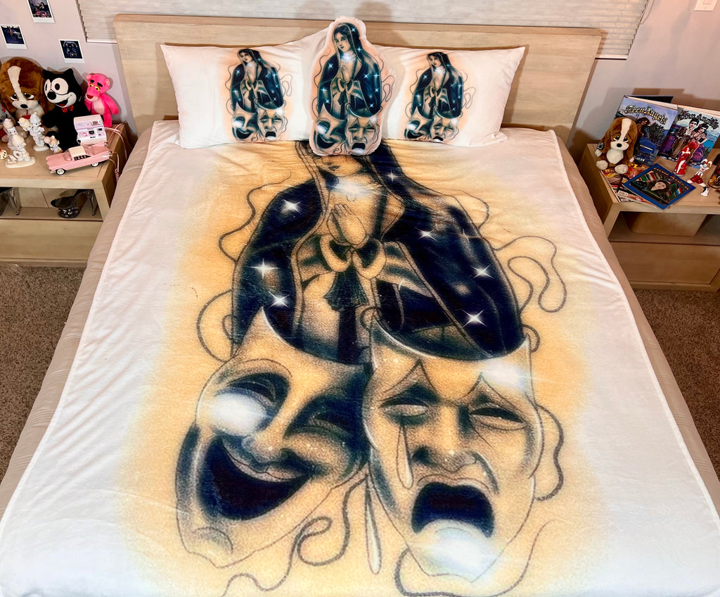 LIMITED EDITION EXTRA LARGE 'BLESSINGS& PROTECTIONS' Pen & Ink Y2K Fleece Blanket (WHITE/GOLD/FOREST GREEN)) *Limited Edition