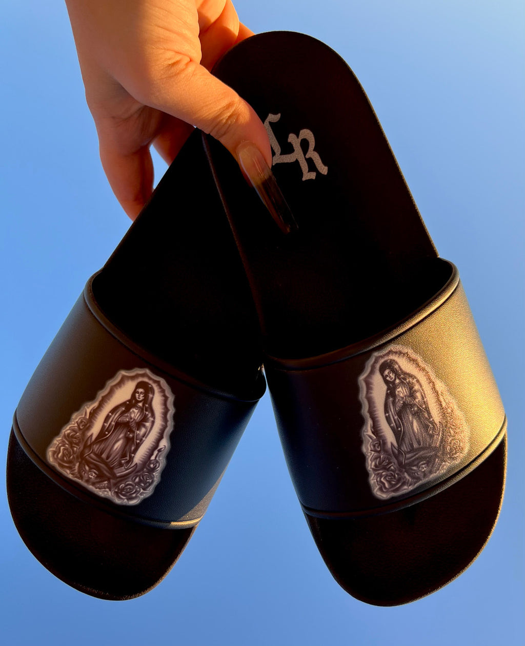 OUR LADY Airbrushed Slides (Black) *Limited Edition