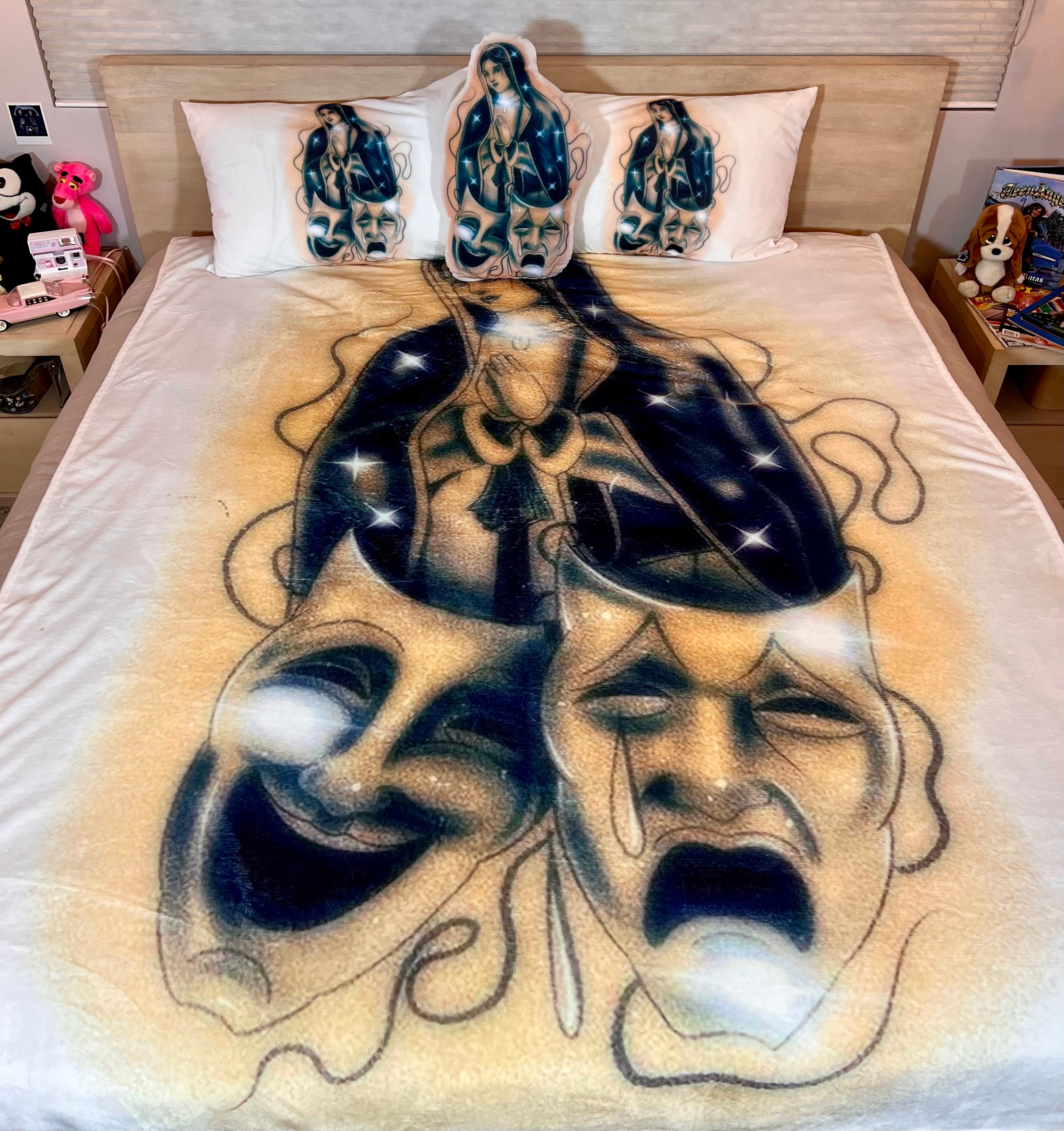 LIMITED EDITION EXTRA LARGE 'BLESSINGS& PROTECTIONS' Pen & Ink Y2K Fleece Blanket (WHITE/GOLD/FOREST GREEN)) *Limited Edition